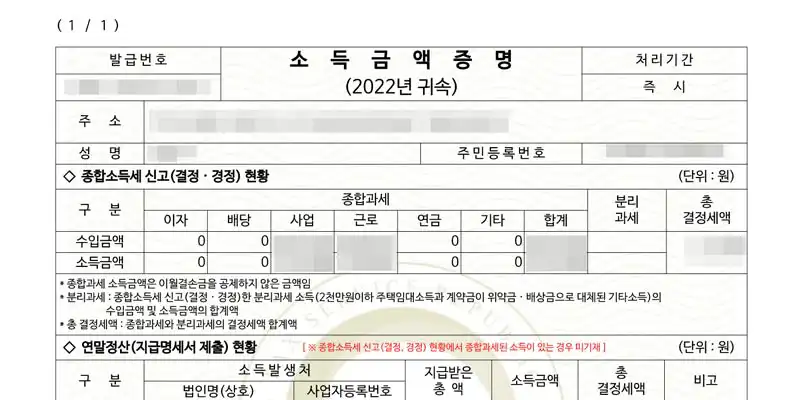 발급된 소득금액증명원 예시