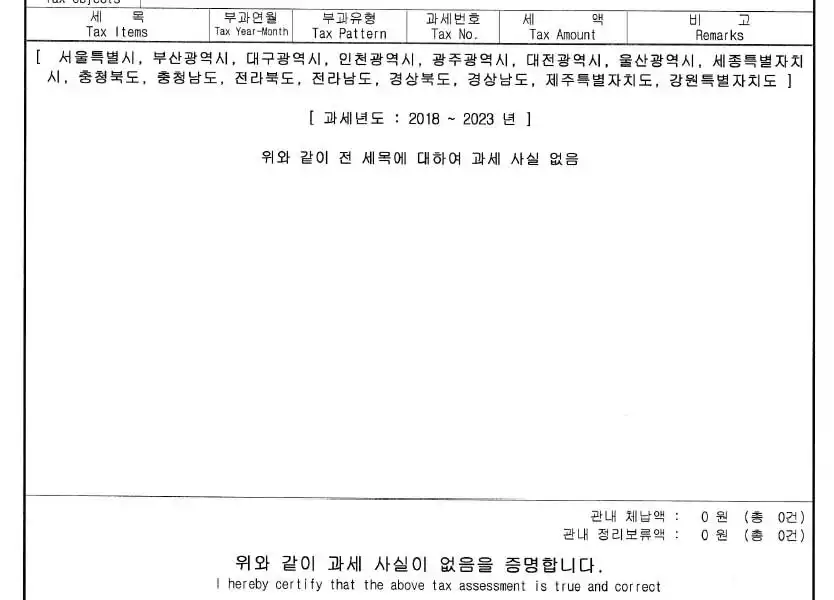 지방세 세목별 과세증명서 예시 (오프라인)