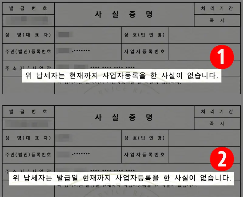 증명받고자 하는 내용의 선택에 따라 발급되는 사업자등록사실여부 증명에 표기되는 내용을 표시한 화면