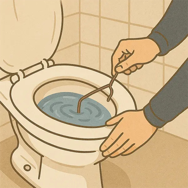 철사 옷걸이를 갈고리 모양으로 만들어 수로 안쪽을 휘젓어 보는 모습